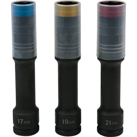 KS Tools 515.0622 Serie di bussole per avvitatori ad impulsi per cerchi in lega, Slim POWER, extra lunghe, 3 pz, 1/2", 17, 19, 21mm (1/5)