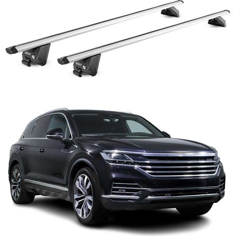 OMAC Barres de toit aluminium certifiées TÜV pour VW Touareg III 2018-2024 Pre-FL – Pour rails de toit intégrés – Rainure en T – Charge max 100 kg – 2 antivols Argent (1/5)