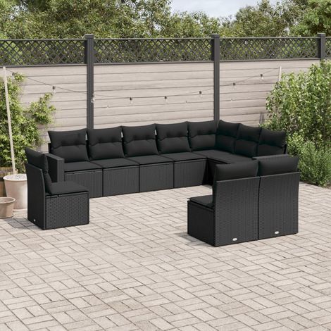 Ensemble de canapé de jardin 10 pièces avec coussins, en polyrotin noir (1/3)