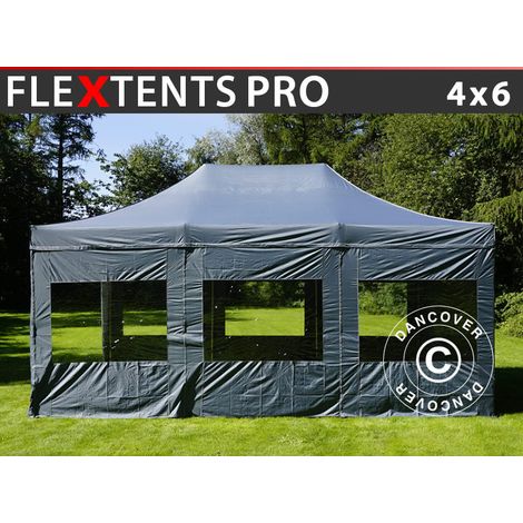 Faltzelt FleXtents PRO 4x6m Grau, mit 8 Seitenwänden