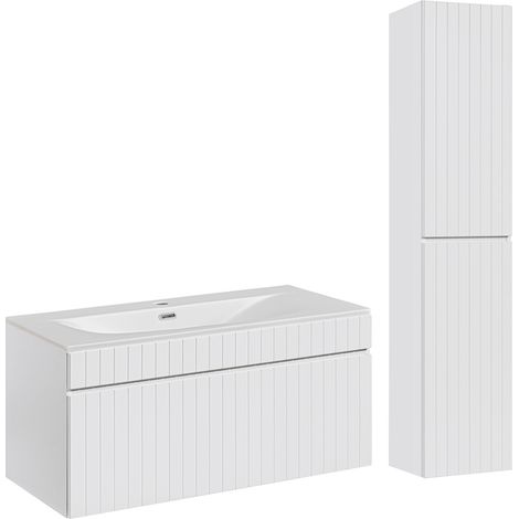 Waschtisch und Hängesäule 100cm Zelie mit 1 Schublade, Weiß