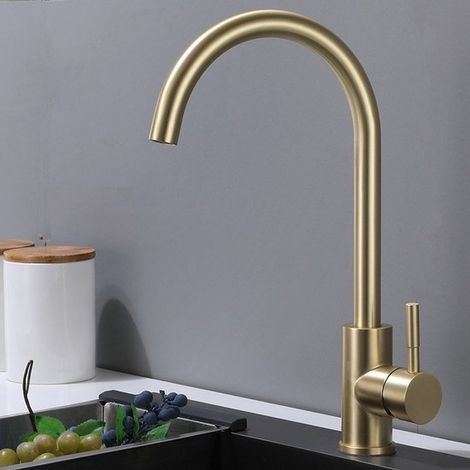 Grifo de cocina de acero inoxidable con caño metálico de color dorado intenso, grifo de lavabo, grifo de cocina giratorio 360° (1/5)