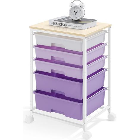 Chariot de rangement avec 5 tiroirs et plateau en bois, violet Chariot à roulettes grande capacité mobile, structure en acier, pour cuisine, salon, chambre à coucher, bureau (1/5)