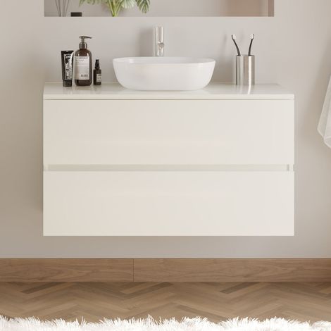 Meuble de salle de bain 100cm avec plateau et vasque à poser arrondie - 2 tiroirs - sans miroir - blanc brillant - IDA (1/5)
