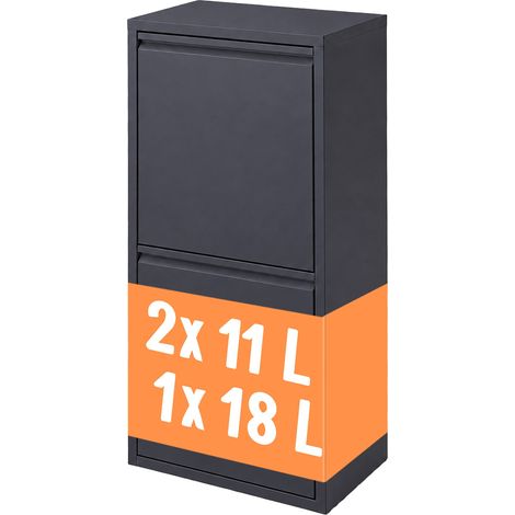 Relaxdays Mülleimer, 3 Fächer, 18l, 2x 11l, aufklappbar, entnehmbare Inneneimer, Metall, stehend, Wandmontage, anthrazit (1/5)