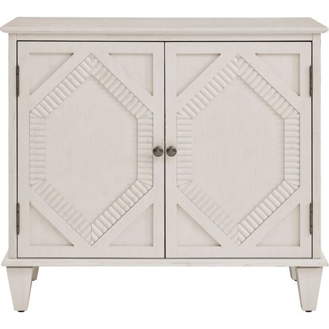 Buffet 33,6 rangement intégré vitrines symétriques accents géométriques bois blanc antique console multimédia (1/5)