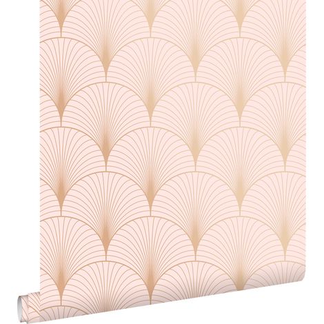 Papier peint art déco rose clair et or rose – Motif répétitif 17.6 cm – Dimensions 53 cm x 10.05 m – Pose facile sans table à tapisser – Estahome