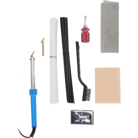 Kit de réparation pour soudure plastique : baguettes de soudure blanches et noires, treillis métallique de renfort en acier inoxydable, papier de verre. Idéal pour pare-chocs de voiture, kayaks et can (1/5)