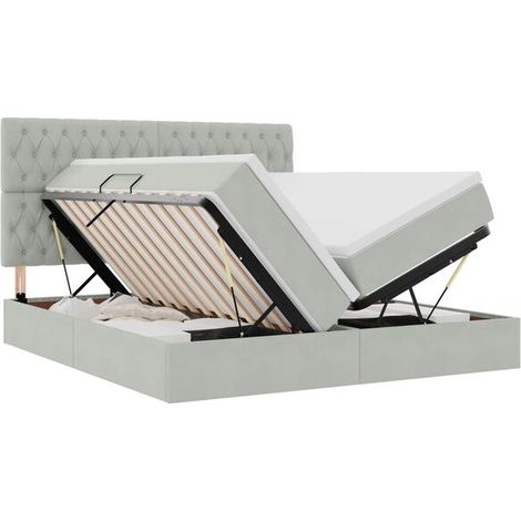 Lit coffre avec matelas, gris clair, 180 x 200 cm, tissu velours. (1/5)