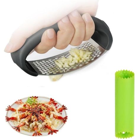2-Piece Rocking Garlic Press, Stainless Steel Rocking Garlic Press, Manual Stainless Steel Garlic Press, Garlic Cutter, Crusher (Black) (1/4)