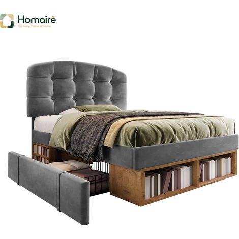 Cadre de lit en velours gris avec rangement 207 x 101 x 120 cm HOMAIRE (1/5)