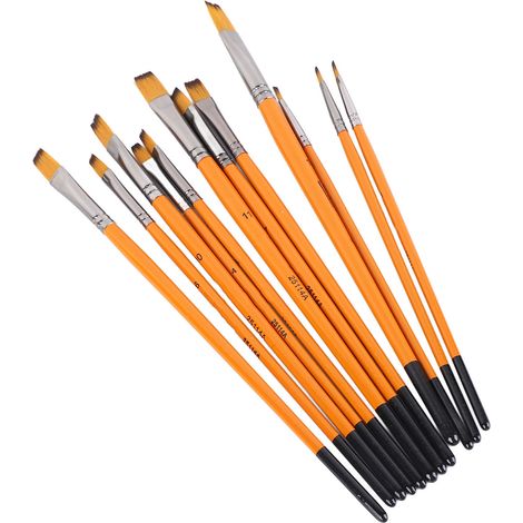 Ensemble de pinceaux en nylon, 12 pinceaux à manches orange, pour l'art étudiant, la peinture, la peinture à l'huile et l'aquarelle, HB-25114A (pointe plate). (1/5)