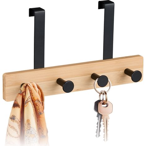 Relaxdays Türgarderobe, 4 Haken, Hakenleiste zum Einhängen, für 2 cm Tür, Bambus & Metall, Kleiderhaken, natur/schwarz