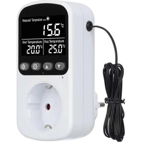 Digitales Steckdosenthermostat mit Timer, Temperaturfühler, Heiz-/Kühlschalter, 16 A, Hintergrundbeleuchtung, europäisches Format. (1/5)