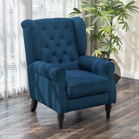 Gesteppter Club-Sessel mit Holzbeinen, Blau