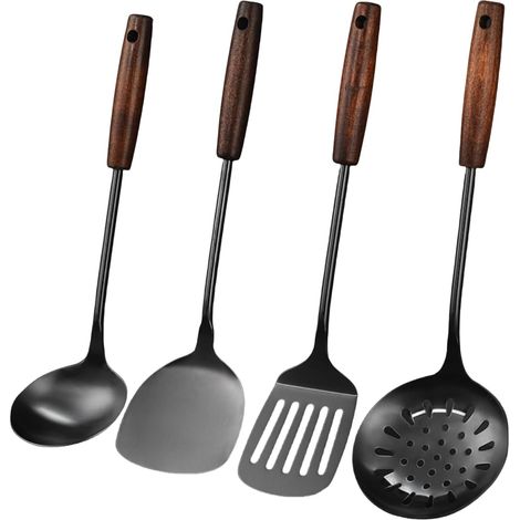 Ustensiles de Cuisine de 4 pièces, Spatule et louche wok, cuillère écumoire, ensemble de spatules retourneuses à fentes, acier inoxydable 304 avec manche en bois massif (Noir) (1/5)