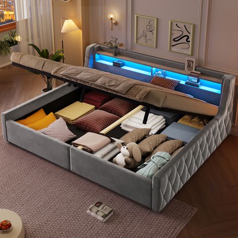 Lit adulte 140x200 cm avec rangement hydraulique et tête de lit LED, structure en flanelle - gris (1/5)