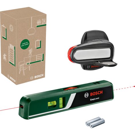 Niveau à bulle laser Bosch EasyLevel avec support mural (ligne laser pour un alignement flexible sur les murs et point laser pour un transfert facile en hauteur, dans une boîte e-commerce) (1/8)