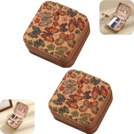 Boîtes à bijoux en cuir lot de 2 avec cloisons - rangements pour bagues, bracelets, boucles d'oreilles et colliers, brun (1/5)