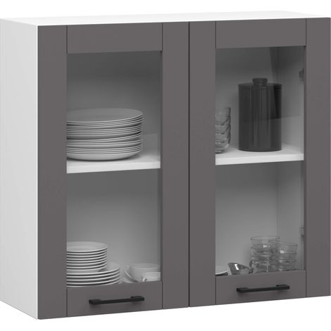 Akord – Vitrine de cuisine 80 cm – 2 portes battantes – Façade gris graphite – Corps blanc – 2 étagères – Dimensions 80x30,5x72 cm (1/5)