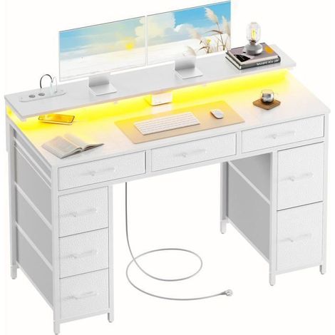 EcoFurnix, Scrivania con 8 Cassetti in Tessuto, 120 × 50 cm Scrivania Gaming LED con Prese & Porte USB, Scrivania Gamer, Bianco (1/5)