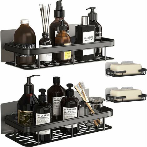 Etagère Douche, Porte Savon Douche, Serviteur de Douche Sans Perçage, Paniers Rangement D'organisateur de Douche Mural Support Douche Espace Aluminium Antirouille Lot de 4 Noir (1/5)