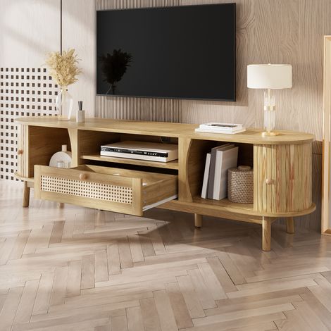 Mueble TV bajo, compartimentos de almacenaje abiertos, puertas correderas con cajones de ratán, MDF color natural, 165x37x46 cm (1/5)