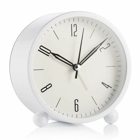 Réveil rond sans coutil, à piles et fonction d'éclairage, réveil super silencieux, design simple et élégant pour bureau / chambre à coucher, blanc (1/5)