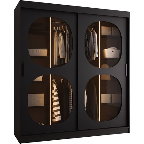 Armario Hartford 529, Negro, 200x180x62cm, Puertas de armario: Correderas, Número de estantes: 5, LED