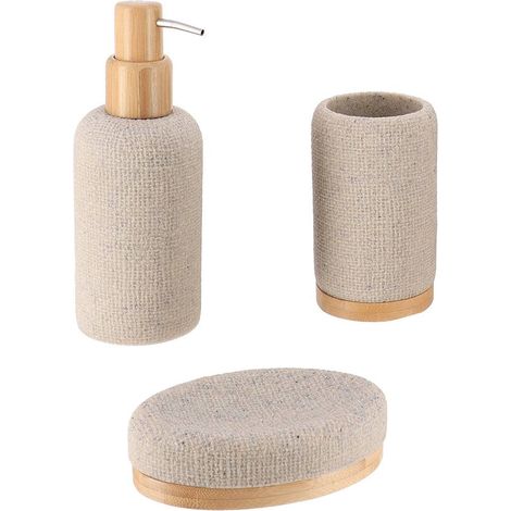 Set gobelet distributeur a savon et porte savon polyresine effet maille et bambou - naturel - Tendance (1/2)
