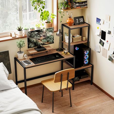 Bureau d’ordinateur avec support de moniteur - design industriel - marron - bureau avec étagère à 4 niveaux - Idéal (1/4)