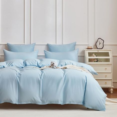 Parure de lit 3 pièces en satin de coton - Housse de couette 155 x 220 cm - Bleu clair et bleu - 3 pièces - Douce et respirante - En 100 % coton - Housse de couette 155 x 220 cm et 2 taies (1/5)