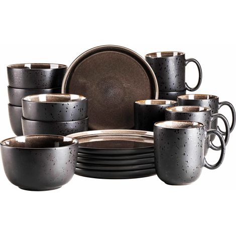 Série Niara Service de table moderne pour 6 personnes au look vintage passionnant 18 pièces en céramique gris et noir, grès (1/5)