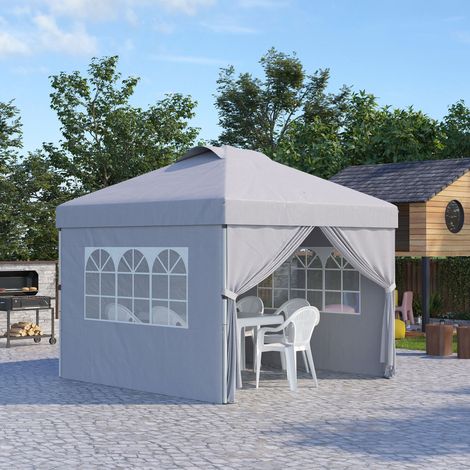 Tonnelle pliante 3x3 m avec réglage en hauteur sur 3 niveaux. Fenêtres et sac de transport inclus. Gris clair.