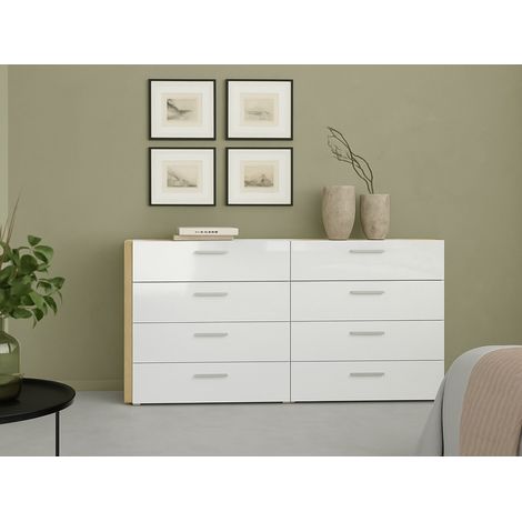 Cajonera doble Dmora, roble y color blanco brillante, 140 x 82,9 x 40,35 cm, con embalaje reforzado (1/5)