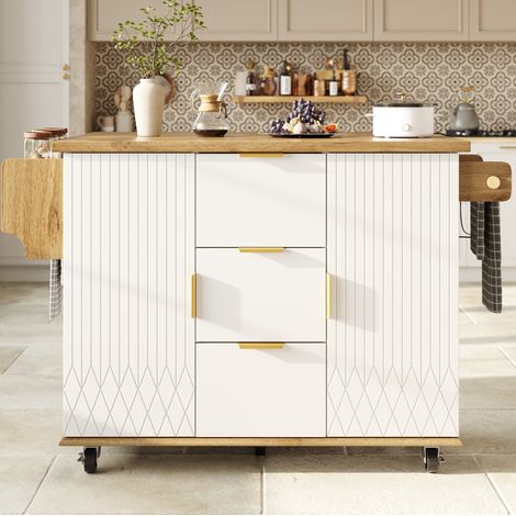 Desserte de cuisine à plateau rabattable avec prise intégrée, blanche, 134x46/74x88 cm, 3 tiroirs, 2 placards, 5 roulettes (1/5)