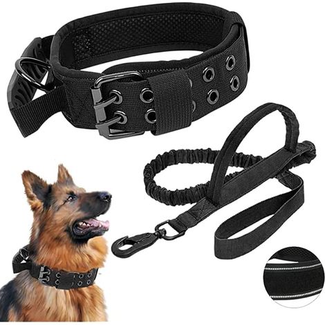 Collier de Chien Tactique Militaire, Réfléchissant avec Poignée Collier de Dressage Réglable à Cinq Vitesses, Ensemble Collier et Laisse pour Chien Militaire K9, pour Chiens Moyens et Grands,L (1/5)