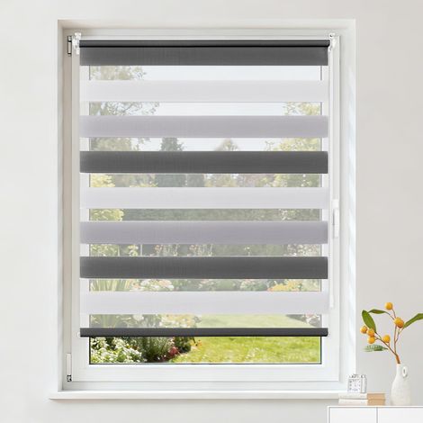 1 Store Jour Nuit Sans Perçage, Tissu Polyester Réglable, Fixation Clips Fenêtre Porte, Blanc Gris Anthracite 35x120 cm