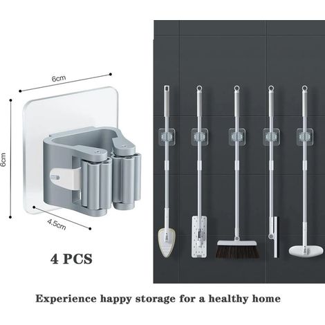 Support mural autocollant BundiGlassware, gris, pour balais et serpillères, cuisine et salle de bain, en plastique acrylique, avec rouleau nervuré, pour manches de 2,0 à 3,5 cm de diamètre. (1/5)