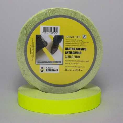 Nastro antiscivolo adesivo certificato fluorescente giallo in varie misure Packaging - 25 mm x 18,3 mt ( 1 Rotolo)
