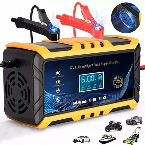 Chargeur de batterie de voiture – Chargeur de batterie intelligent 12 V/6A, Écran LCD, Mainteneur de chargeur de batterie, Noir/Jaune (1/4)