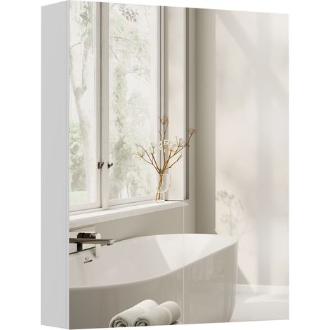 Meuble de salle de bains suspendu à deux portes avec miroir et 2 étagères intérieures, meuble de salle de bains avec miroir et fermeture amortie en MDF, 60 x 15 x 75 cm, blanc (1/5)