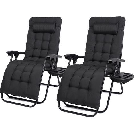 Todeco Liegestuhl klappbar mit abnehmbarem Auflage-Polster 2er Set, 2 in 1 Sonnenstuhl mit Kopfkissen, Getränkehalter, Verstellbar Rückenlehne, Strandliegestuhl für Camping Garten Strand Pool, Schwarz (1/5)