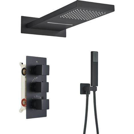 Grifería de ducha de 3 vías con control termostático, diseño moderno, acabado en negro mate. (1/2)