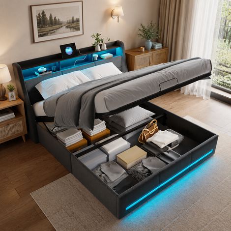 Lit coffre 140×190 cm, lit rembourré avec rangement, lit double avec Lumières LED, Prise USB en tête de lit, lit adulte,cadre à lattes, Lin, Gris (1/5)