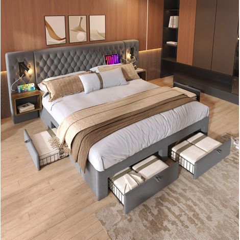 Lit adulte 180x200 avec tiroirs et chevets gris HAVRYA (1/5)