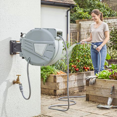 Enrouleur Tuyau Arrosage Mural 20+1.6m x Ø 15mm. Dévidoir de Tuyaux d'Eau Rétractable Automatique Pivotant à 180°. Gris