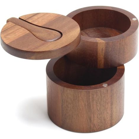 Caja de especias, Recipiente de sal y pimienta de 200 ml con tres compartimentos, Pequeño salero de madera de acacia, Color madera natural (1/5)