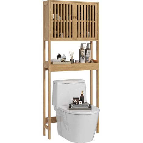 Étagère de toilettes - HOMCOM - meuble de salle de bain - placard 2 portes et étagère ouverte - 60L x 21,5l x 172H cm - bambou (1/5)