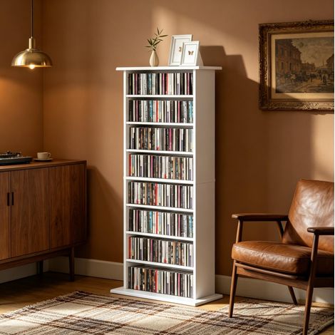 Estantería para CD y DVD con 8 compartimentos y 6 baldas ajustables, capacidad para 360 CD o 185 DVD y Blu-ray, fondo compacto de 24 cm, blanca, CHICFURN (1/5)